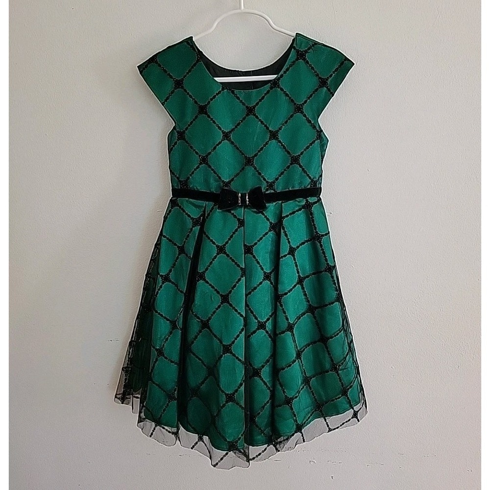 Jona Michelle Girls Dress 5 Emerald Green Satin Black Mesh Festive Holiday Party